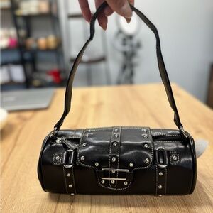Black and Silver Studded Clutch with Buckle Accents